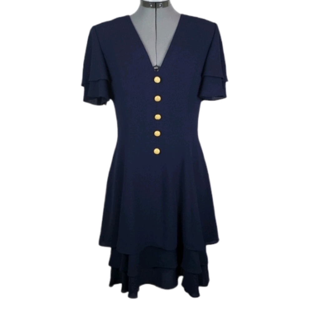 Vintage 80s A-line midi career dress navy blue 10